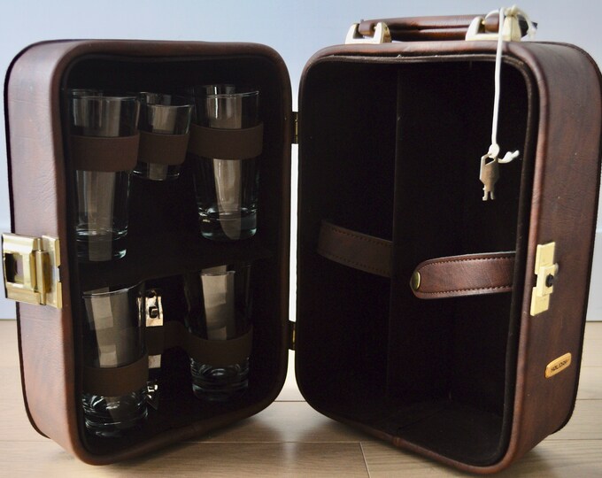 Vintage Travel Bar Suitcase, Tools, Glasses, Key Carry on Bar, 60s