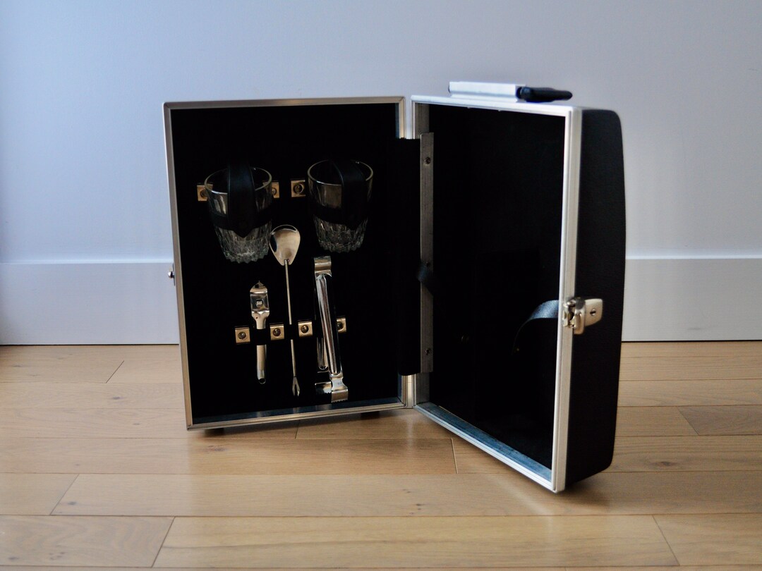 Vintage Travel Bar Suitcase, Tools, Glasses, Key Carry on Bar, 60s