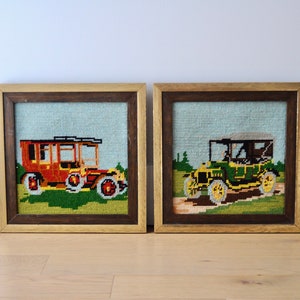 2 marcos de coche vintage vintage de punto de cruz - cosidos a mano