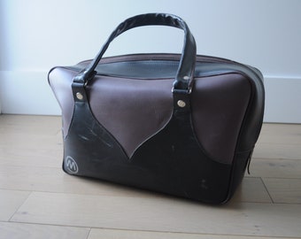 Vintage black Bowling Bag with ball - Faux Leather  black bowling bag