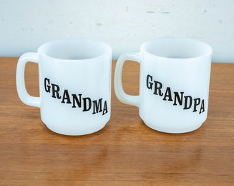 2 Vintage mugs Glasbake with Grandpa and Grandma pattern - Glasbake Grandpa and Grandma