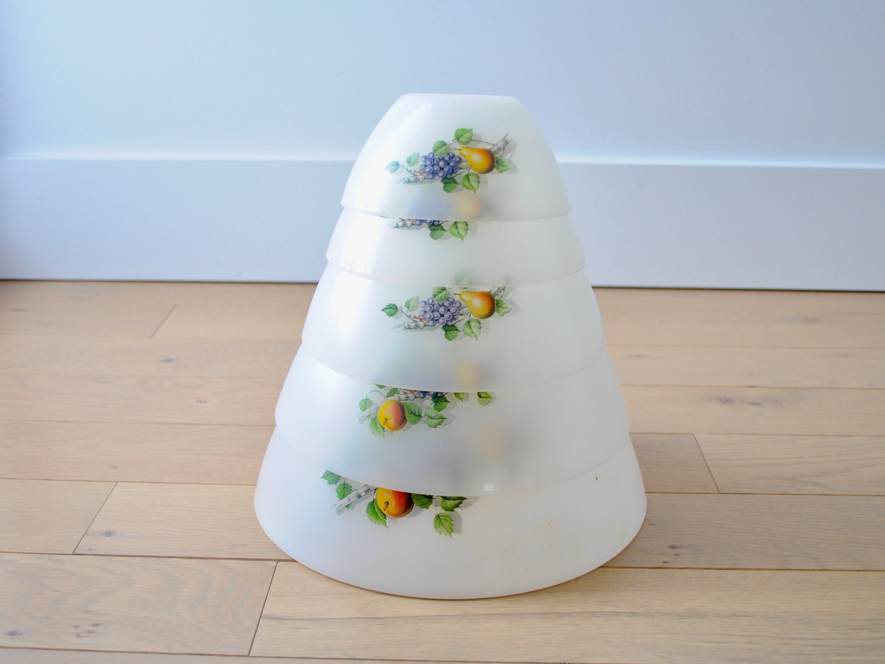 Lot Vintage 7 Coupelles Arcopal - Motif Fruits Du Verger, Verre Coloré