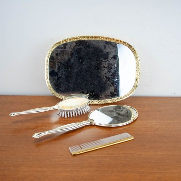 Trousse de toilette vintage / miroir à main / peigne et plateau de transport