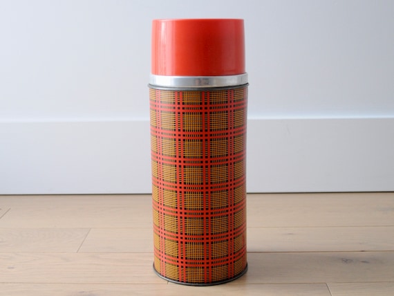 Vintage Thermos, Metal Thermos, Made in USA, Red and Yellow 