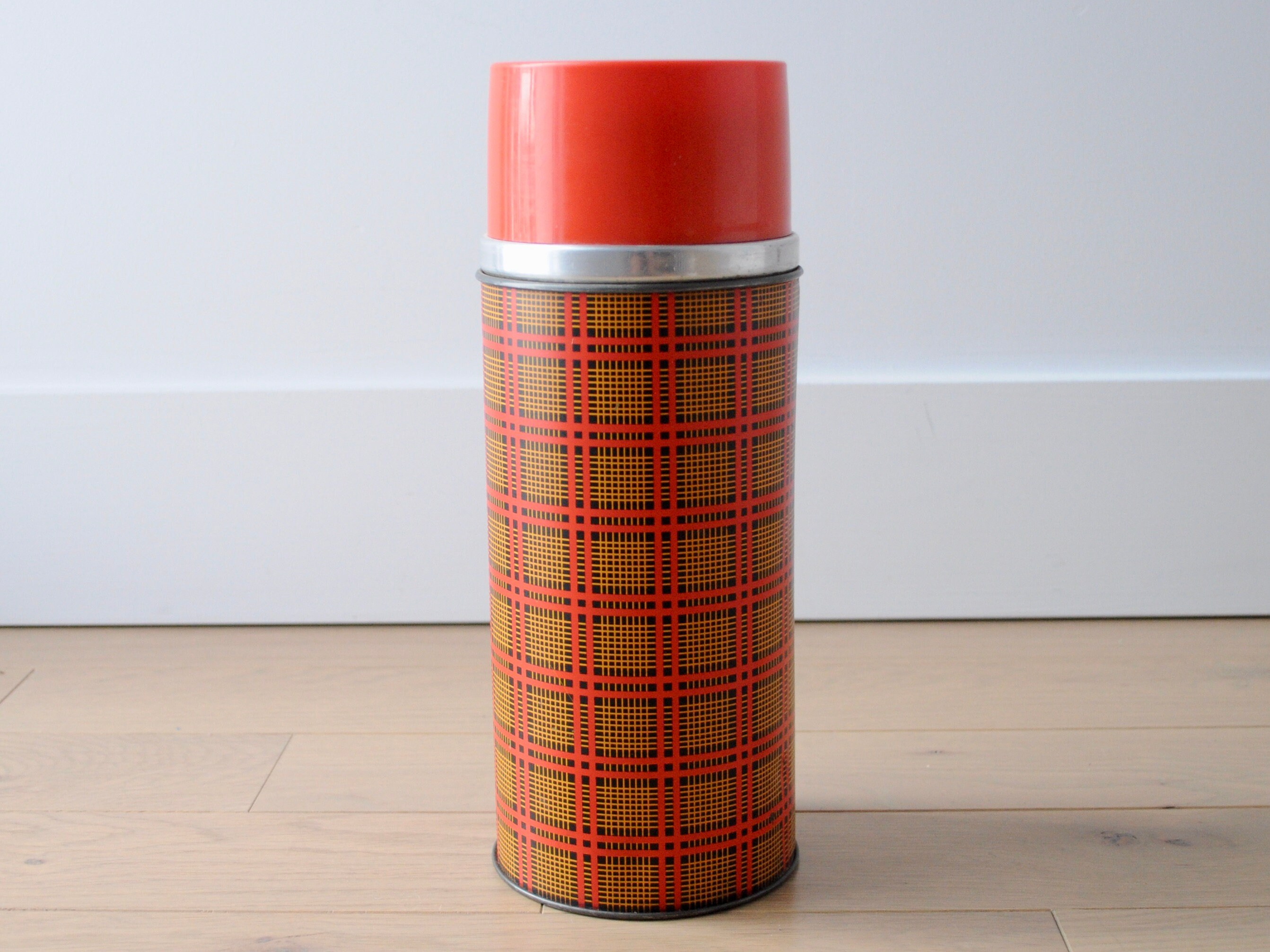 Vintage Thermos, Metal Thermos, Made in USA, Red and Yellow 