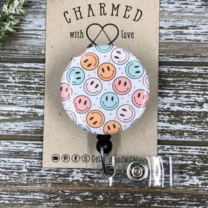 Badge Reel/Smiley Face Badge Reel/Badge Reel Nurse/Cute Badge Reels/Retro Badge Reel-White