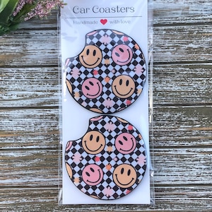 Smiley Face Car Coasters: Retro Checkered Neoprene Coasters - Set of 2
