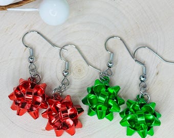 Christmas Bow Dangle Earrings, Christmas, Holiday Jewelry