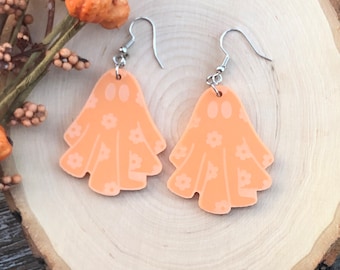 Floral Ghost Dangle Earrings, Pastel Orange Halloween Earrings