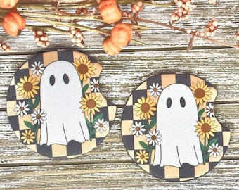 Fall Car Coasters: Floral Ghost Neoprene Car Accessories - Set of Two