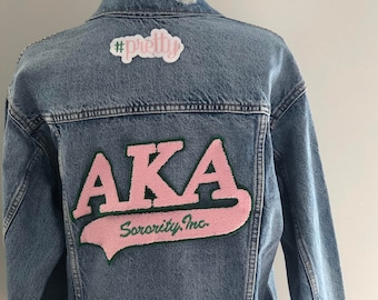 Alpha Kappa Alpha Sorority Inc. Embellished Denim Jacket. AKA Distressed Sorority Patches Jacket