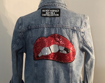 Red Lips Distressed Denim Jacket.   Embellished Denim Jacket. Flowers and Lipstick Sequin Jacket