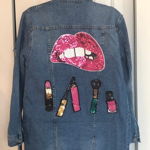 Embellished Denim Jacket. Sequin Embellished Denim Jacket. MakeUp Jacket. Distressed denim jackets.