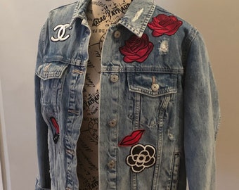 Red Lips Distressed Denim Jacket. Embellished Denim Jacket