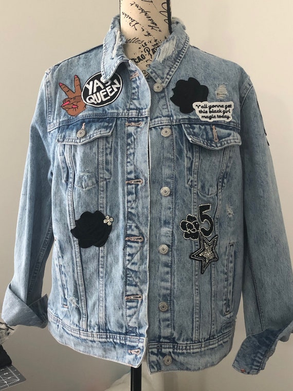Angel Wings Black Girl Magic Distressed Denim Jacket. All Black