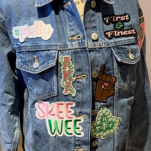 Alpha Kappa Alpha Sorority Inc. Patch Denim Jacket.  Pink and Green Sorority Jacket.