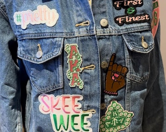Alpha Kappa Alpha Sorority Inc. Patch Denim Jacket.  Pink and Green Sorority Jacket.