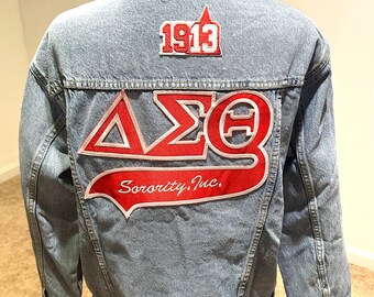 Delta Sigma Theta Sorority Inc. Embellished Denim Jacket. DST. Delta Distressed Sorority Patches Jacket