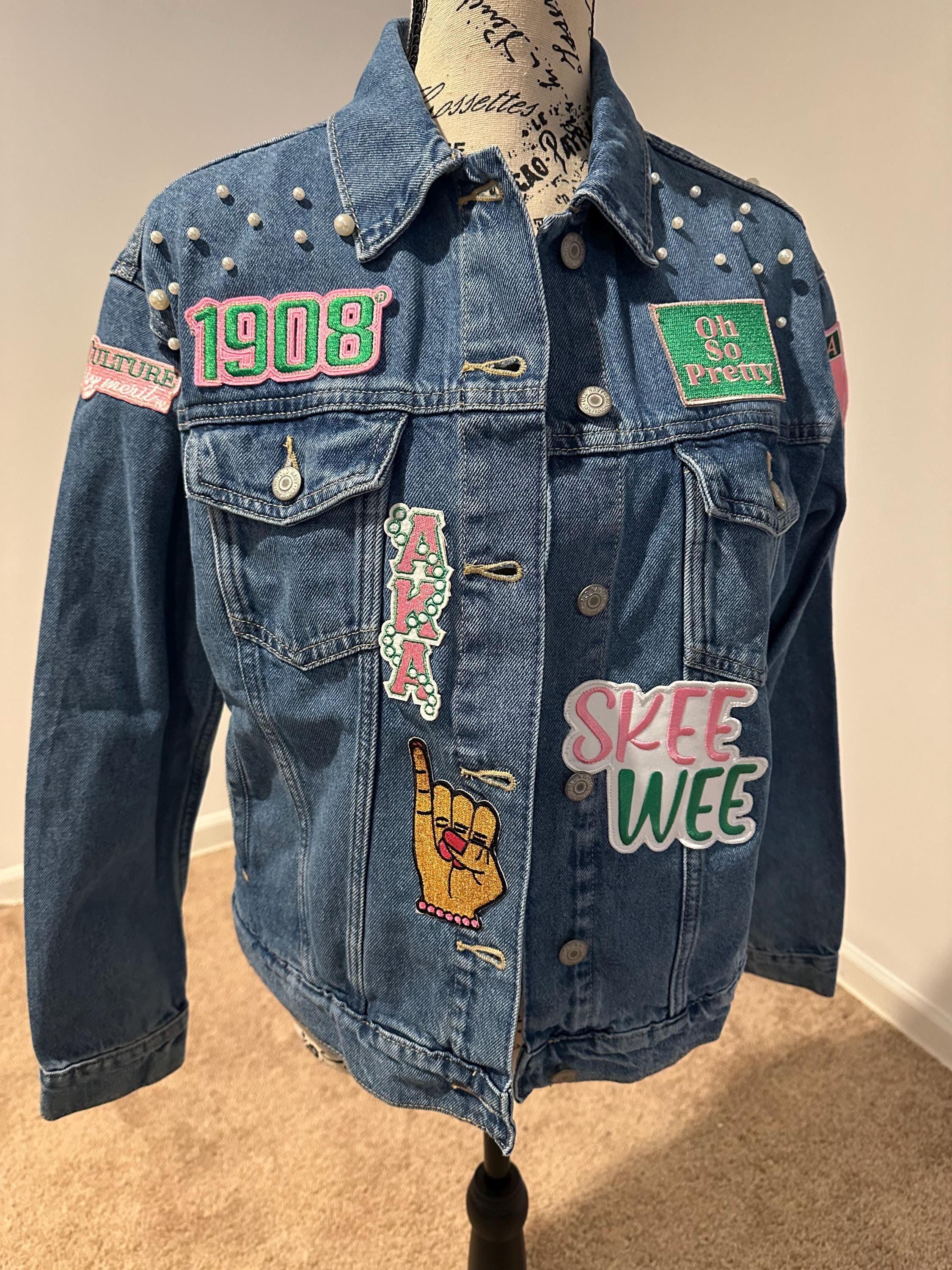 Alpha Kappa Alpha Sorority Inc. Patch Denim Jacket. Pink and Green