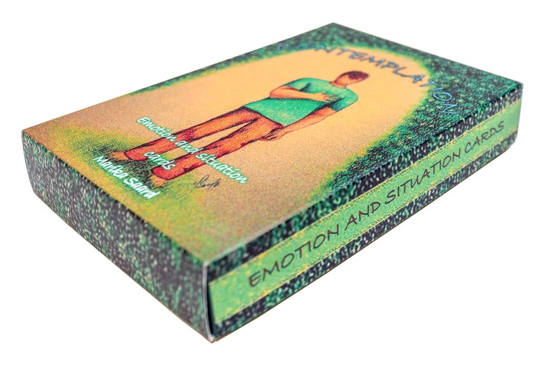 Puede incluir: Una caja verde con el texto "Emotion and Situation Cards" y "Contemplation" en la parte delantera. La caja presenta una ilustraci&oacute;n de dibujos animados de una persona con los brazos cruzados.