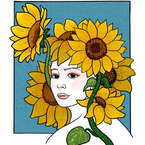DIGITAL DOWNLOAD, Lady Sunflower digital art print, plant lover gift, plant lover art, housewarming gift, home decor, wall art, woman art