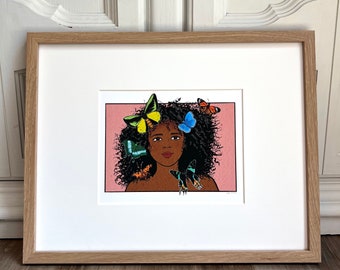 Lady Butterfly Art Print, print from original illustration, digital illustration, butterfly lover gift, woman art, giclee print, wall art