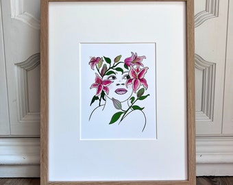 Lady Lily Art Print, print from original illustration, digital illustration, plant lover gift, woman art, giclee print, wall art
