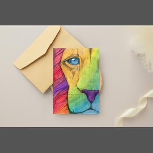 Carte de lion arc-en-ciel, carte de remerciement, carte d'encouragement, carte des Chroniques de Narnia, carte de joyeux anniversaire de lion, carte PDF imprimable