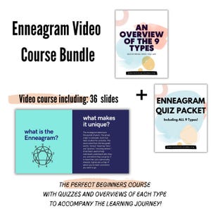 Może przedstawiać: Pakiet kursu wideo Enneagram z 36 slajdami, przeglądem 9 typów i pakietem quizów. Pakiet zawiera quizy i przeglądy, które towarzyszą procesowi uczenia się. Tekst zawiera adres strony internetowej letsinspiretoday.org.