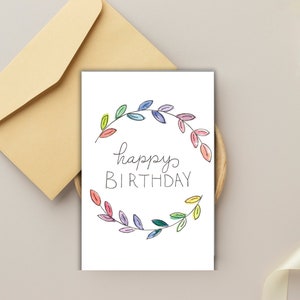 Cartão de feliz aniversário, cartão de aniversário em aquarela, folhas de arco-íris feliz aniversário, cartão de feliz aniversário para impressão, cartão de feliz aniversário para amigo