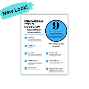 May include: A white poster with the text "ENNEAGRAM TYPE 9 OVERVIEW" and "The Peaceful Mediator." A blue circle with the number 9 is on the right. The text "New Look!" is in a blue banner.