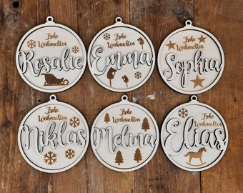 Personalisierter Weihnachtsbaumschmuck, Weihnachtskugel, Geschenkanhänger, Holz,