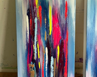 May include: Abstract painting on canvas with vertical brushstrokes in shades of blue, pink, yellow, white, and red.