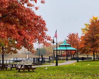 Digital Download: Photo of Historic City of Hudson, Upstate New York Waterfront Pavilion and Flag in Autumn 2022, 8x10 inches.