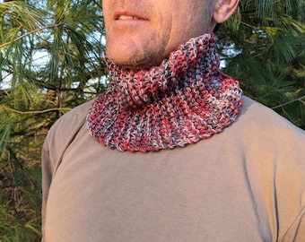 Hand knit merino wool cowl / headband / neck warmer super soft washable reds and grays men unisex child woman