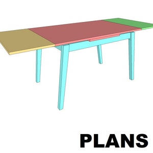 May include: A light blue wooden table with a red, yellow, and green top. The table has a leaf that can be extended to make it longer. The table is labeled "PLANS".