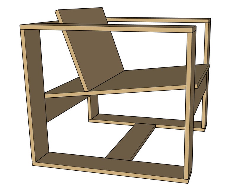 May include: A brown wooden chair with a simple, modern design. The chair has a rectangular frame and a single, angled seat.