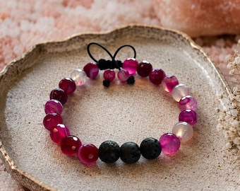 Pink Agate & Lava Stone Adjustable Bracelet | Aromatherapy Diffuser Bracelet | Handmade Gemstone Jewelry | Gift for Her
