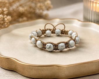 White Howlite Macramé Bracelet | Adjustable Boho Beaded Bracelet | Natural Stone Jewelry | Minimalist Neutral Bracelet | Gift for Her
