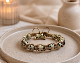 Dalmatian Jasper Bracelet | Adjustable Macrame Bracelet | Natural Gemstone Jewelry | Boho Neutral Bracelet | Gift for Her | Protection Stone