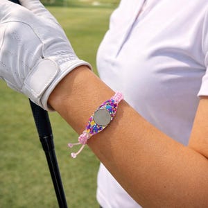 Pink Golf Ball Marker Bracelet | Adjustable Macrame Golf Jewelry | Ball Marker Holder | Handmade Glitter Golf Gift for Her