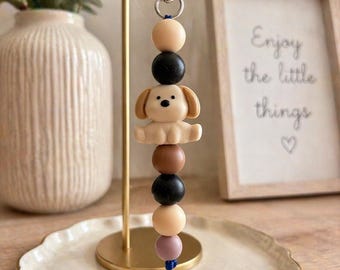 Cute Puppy Silicone Bead Keychain | Dog Lover Gift | Neutral Beaded Keychain | Purse Charm | Backpack Accessory | Handmade Gift Idea