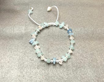 Aquamarine and Rose Quartz Gemstone Chip Bracelet, Adjustable