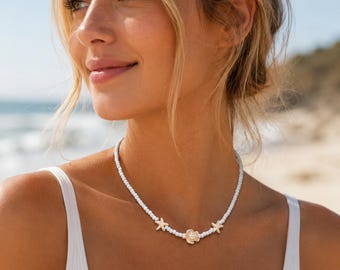 Sea Turtle & Starfish Beaded Necklace | White Beach Necklace | Coastal Jewelry | Ocean Inspired Necklace | Summer Vacation Jewelry | Handmad