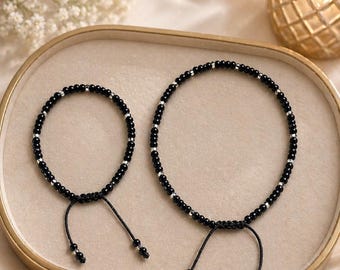 Black Beaded Anklet and Bracelet Set, Adjustable Cord Jewelry, Minimalist Black Silver Bracelet, Summer Beach Anklet, Gift for Her