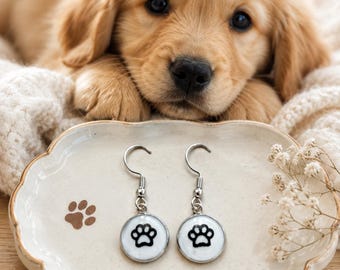 Puppy Paw Print Dangle Earrings | Cute Dog Lover Earrings | Stainless Steel Pet Paw Jewelry | Minimalist Animal Lover Gift | Handmade
