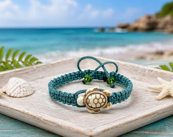 Sea Turtle Bracelet, Adjustable Macrame Bracelet, Ocean Inspired Jewelry, Save The Turtles Gift, Beach Lover Bracelet, Turtle Charm Jewelry