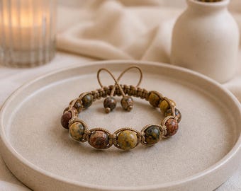 Leopard Jasper Bracelet | Adjustable Macrame Gemstone Bracelet | Earth Tone Boho Jewelry | Natural Stone Bracelet | Gift for Her