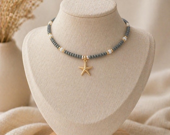 Gold Starfish Choker Necklace, Gray Beaded Choker, Beach Jewelry, Minimalist Summer Necklace, Coastal Jewelry Gift for Her