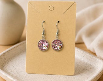 Pink Glitter Dangle Earrings | 12mm Stainless Steel Earrings | Sparkly Pink Resin Earrings | Hypoallergenic Glitter Drop Earrings